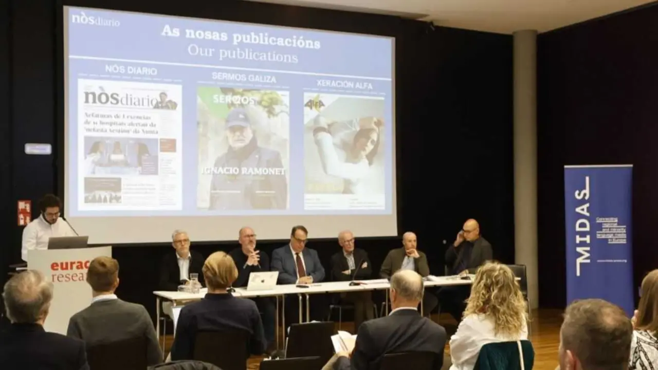 Yuri Carrazoni, Daniel Dahlen, Gwyn Nissen, Elmar Pichler, Martxelo Otamendi, Marc Marc&eacute; e Stefano Semen, esta sexta feira, na Asemblea Xeral da asociaci&oacute;n, en Bolzano. (Foto: N&oacute;s Diario)