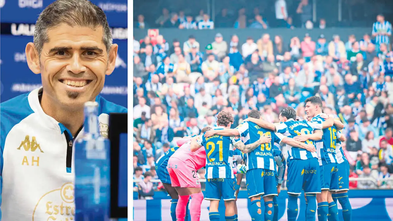 O adestrador Antonio Hidalgo, en rolda de prensa, onte. &Aacute; dereita, os futbolistas do Deportivo antes do partido ante o Legan&eacute;s do pasado d&iacute;a 1 en Riazor. (Foto: RC Deportivo)