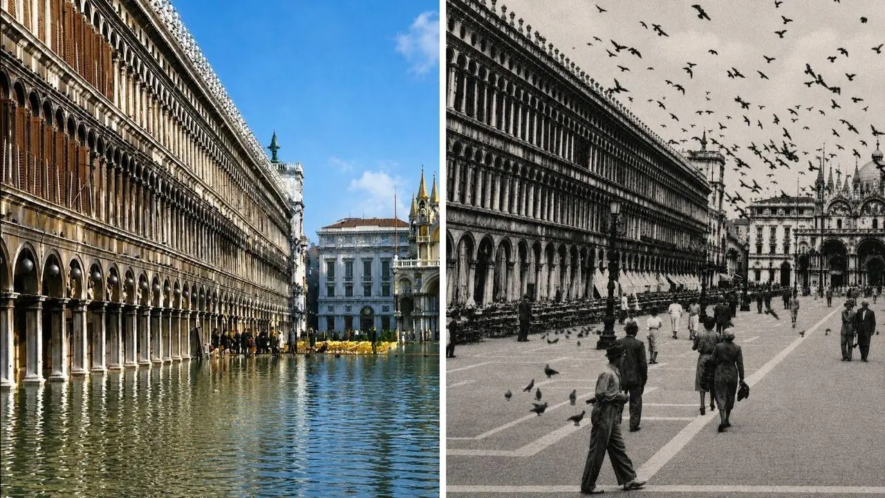 Venezia. Piazza San Marco. Acqua Alta, 1964. Venezia. Piazza San Marco. Piccionata, 1951. (Foto: Postal hist&oacute;rica&nbsp;+ IA)