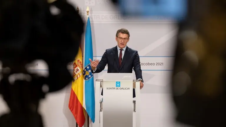 O presidente da Xunta, Alberto N&uacute;&ntilde;ez Feixoo, en rolda de prensa (Imaxe: Europa Press).