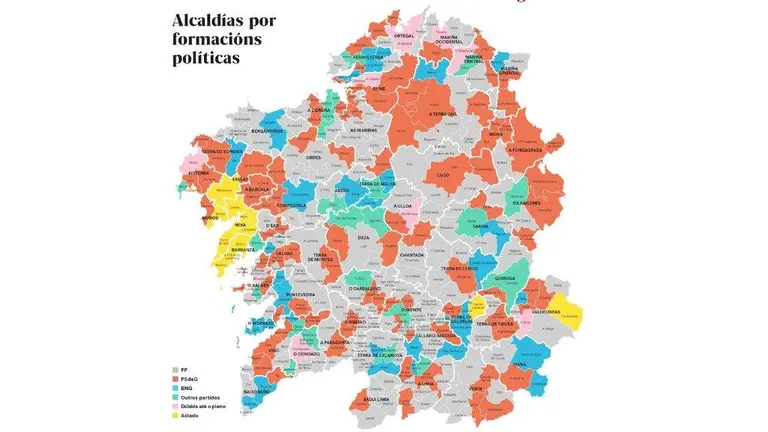 Mapa da Galiza coas alcald&iacute;as por formaci&oacute;ns pol&iacute;ticas, previo &aacute;s sesi&oacute;ns plenarias do pasado s&aacute;bado. (Foto: N&oacute;s Diario)