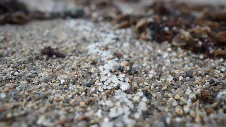 Pellets de pl&aacute;stico na praia de Sab&oacute;n, Arteixo, comarca da Coru&ntilde;a, o 9 de xaneiro. (Foto: Gustavo de la Paz / Europa Press).