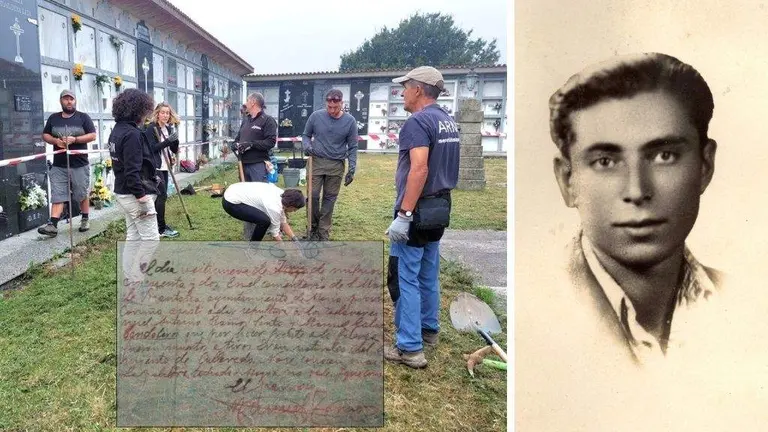 &Aacute; esquerda, labores de busca no cemiterio de Visanto&ntilde;a, en Mes&iacute;a; &aacute; dereita, Jos&eacute; Gal&aacute;n N&uacute;&ntilde;ez, unha das v&iacute;timas. (Fotos: ARMH)