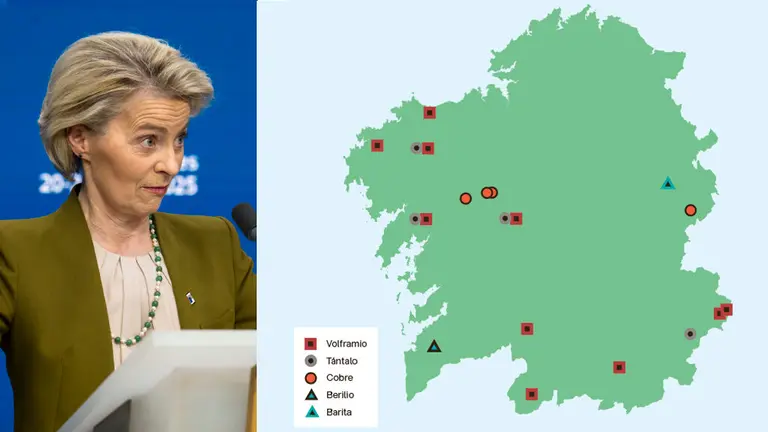 A presidenta da Comisi&oacute;n Europea, Ursula von der Leyen. &Aacute; esquerda, mapa de 'materias primas cr&iacute;ticas'. (Foto: Wiktor Dabkowski / ZUMA Press Wire / DPA) (Fonte: EDGI / Mapa: N&oacute;s Diario)