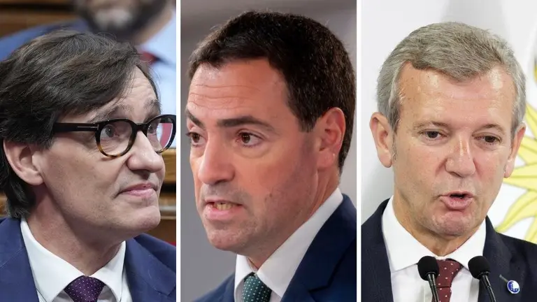 O president Salvador Illa, o lehendakari Imanol Pradales e o presidente Alfonso Rueda. (Foto: David Zorrakino / Alberto Ortega / Europa Press / Xunta)