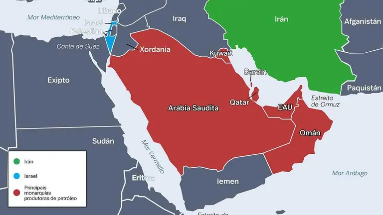 Situaci&oacute;n de Israel, Ir&aacute;n e as monarqu&iacute;as do golfo P&eacute;rsico na rexi&oacute;n de Oriente Medio. (Foto: N&oacute;s Diario)