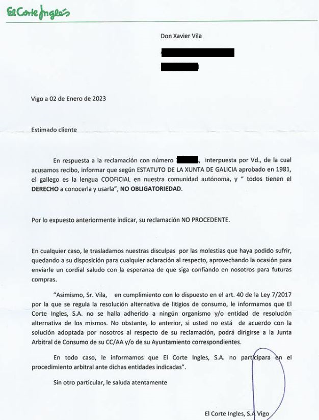 Texto de resposta á reclamación presentada por Xabier Vila-Coia.