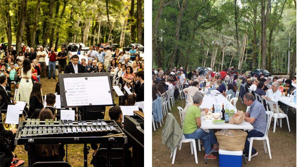 Á esquerda, a actuación da mañá da banda Sons e Soños; á esquerda, o tradicional xantar de convivio. (Fotos: CM Manuel María | Manel Méndez)