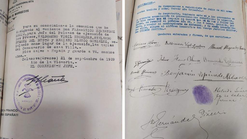 Á esquerda, comunicación das execucións dos condenados na 'Causa 5597' en setembro de 1939; á dereita, sinatura dos condenados das sentenzas após o xuízo en Camposancos un ano antes.