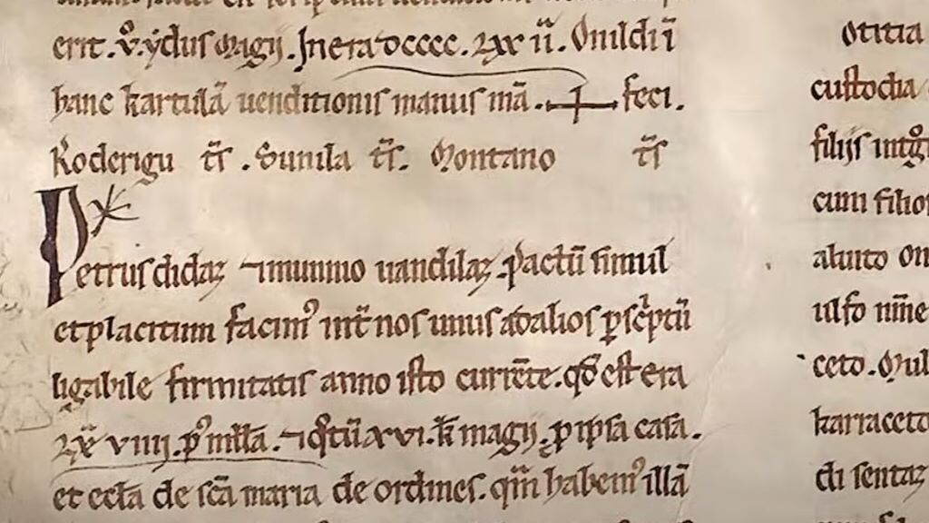 Detalle do documento recollido no 'Tombo de Celanova' no que se detalla a unión entre Pedro e Munio.