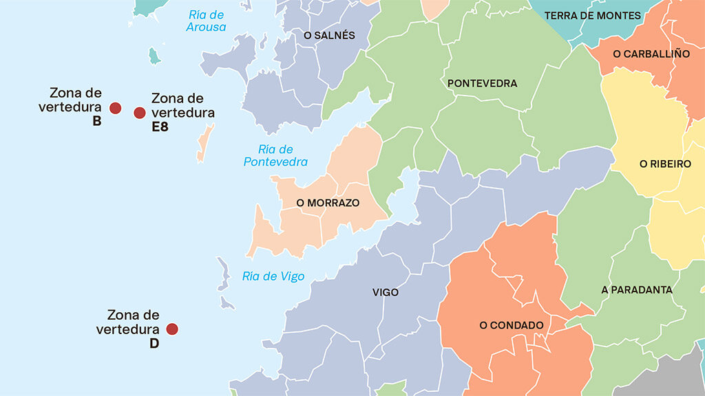 Zonas de verteduras estipuladas no informe do Cedex. (Datos: Cedex / Gráfico: Nós Diario)