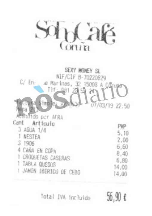 Factura ao PP de Noia da empresa Sexy Money SL, localizada na Coruña.